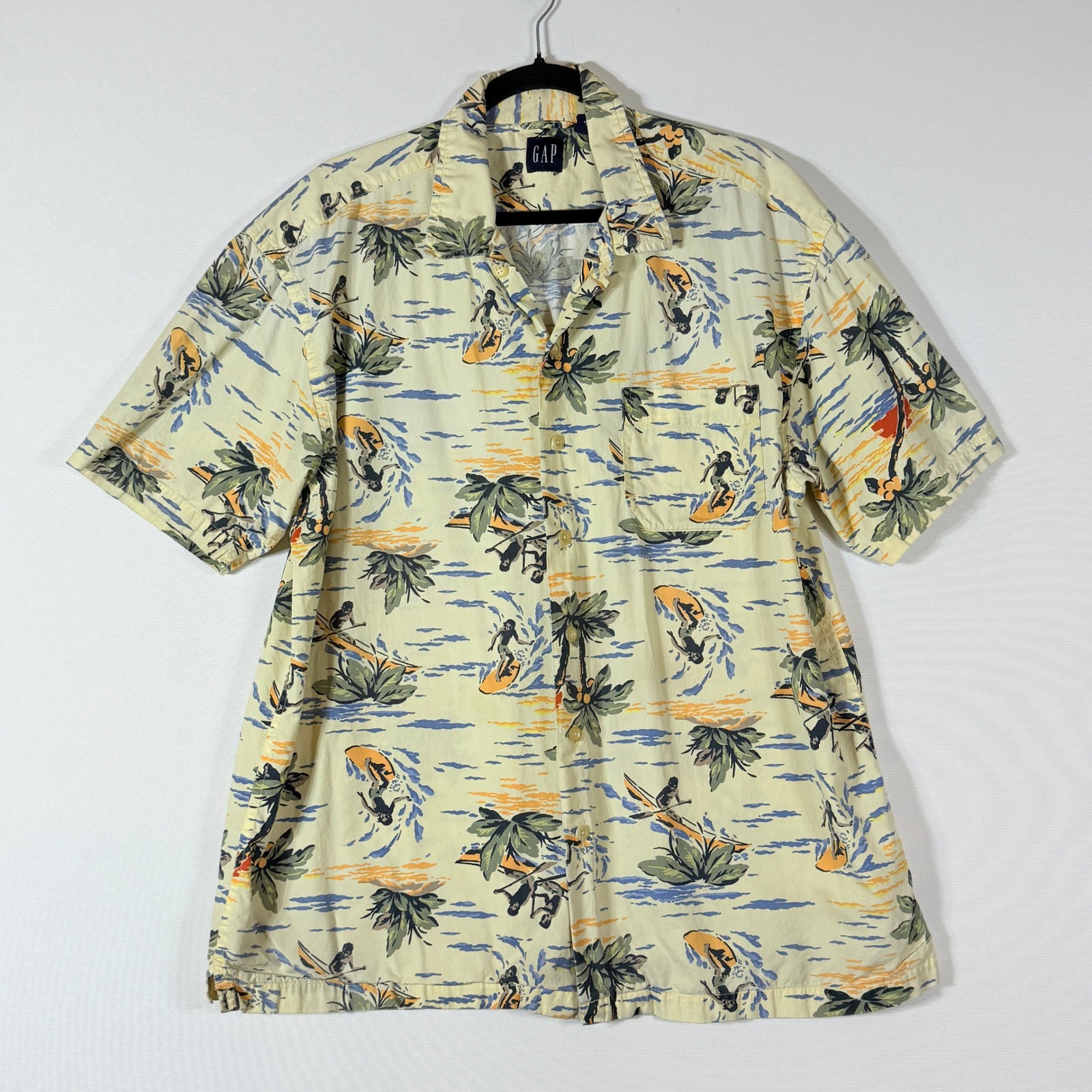 Vtg Gap Mens Large Hawaiian Surfboard Palm Tree Tropical Resort Shirt Y2k Yellow